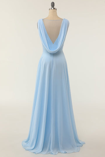 Vestido de dama de honra azul de pescoço em V com ruffle